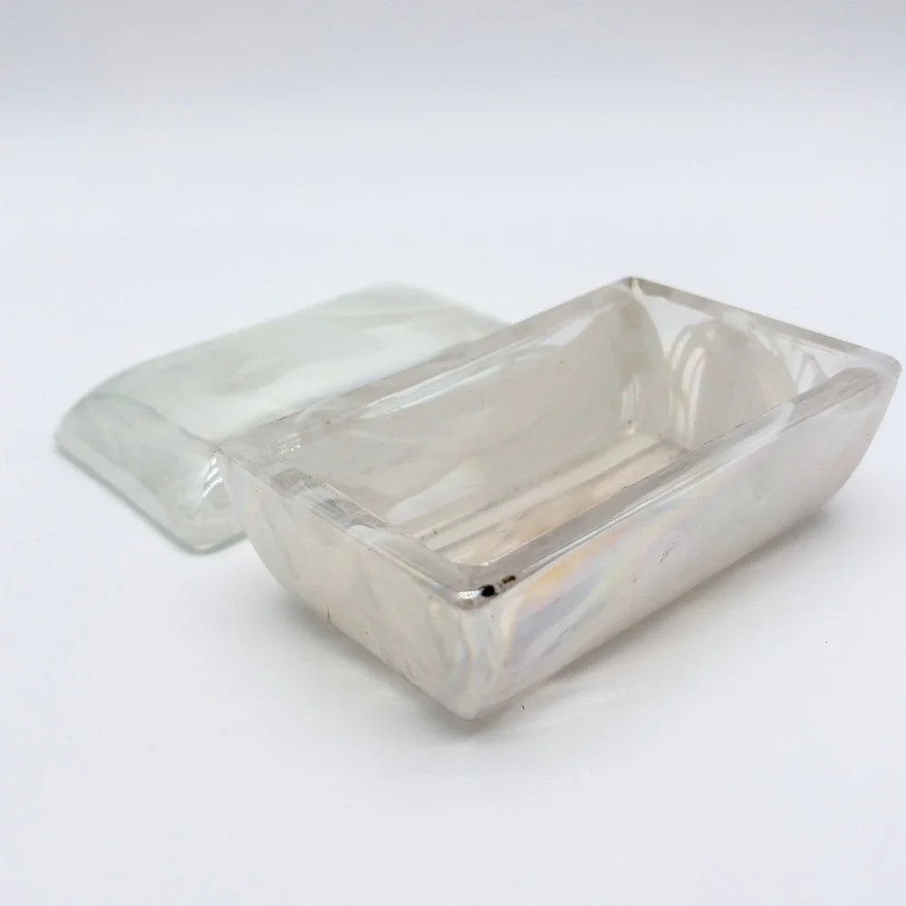 Vintage Crowning Touch Iridescent Carnival Glass Trinket Box White Opalescent